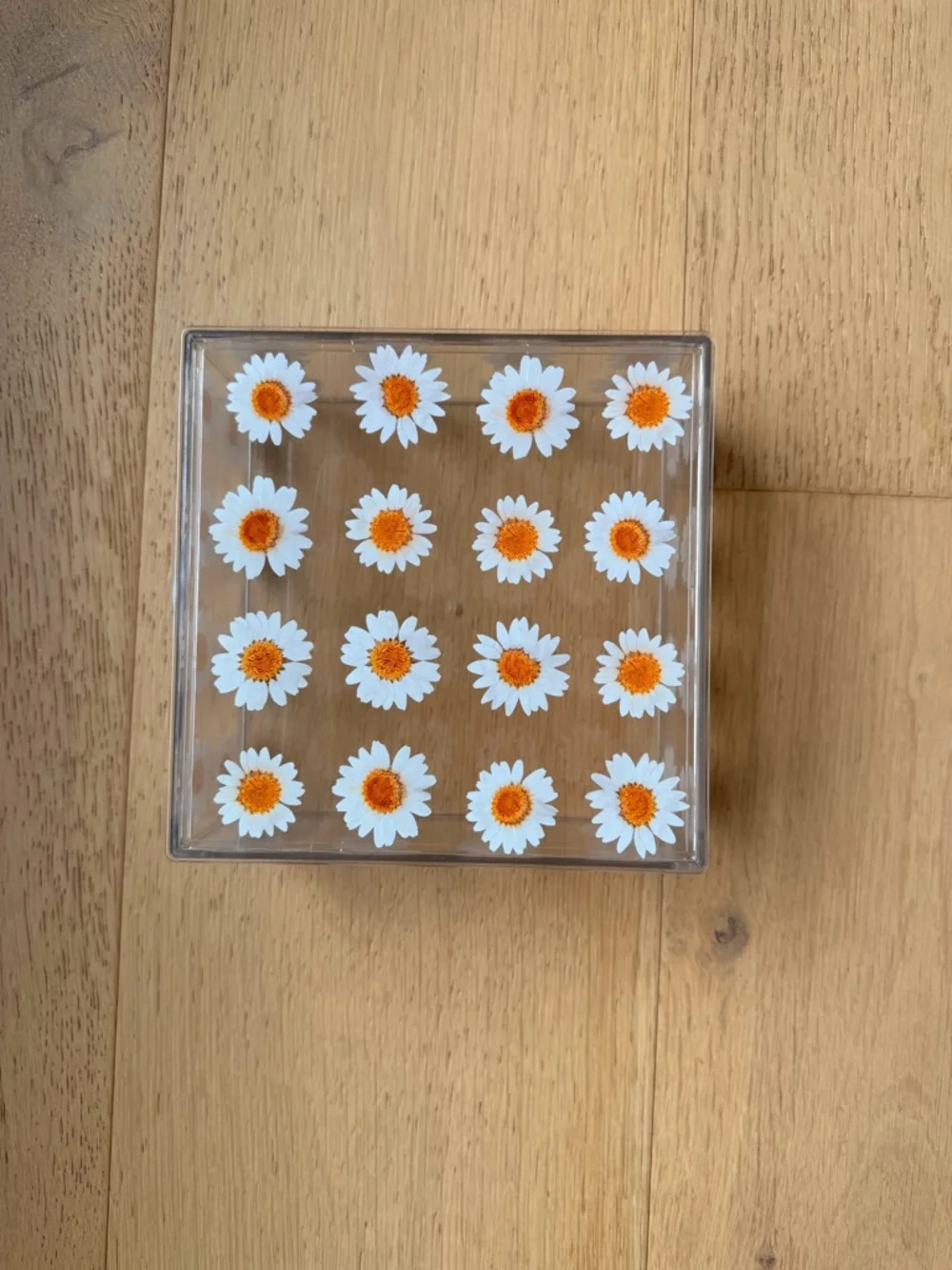 Clear Acrylic Daisy Storage Box - White & Orange Daisy Print